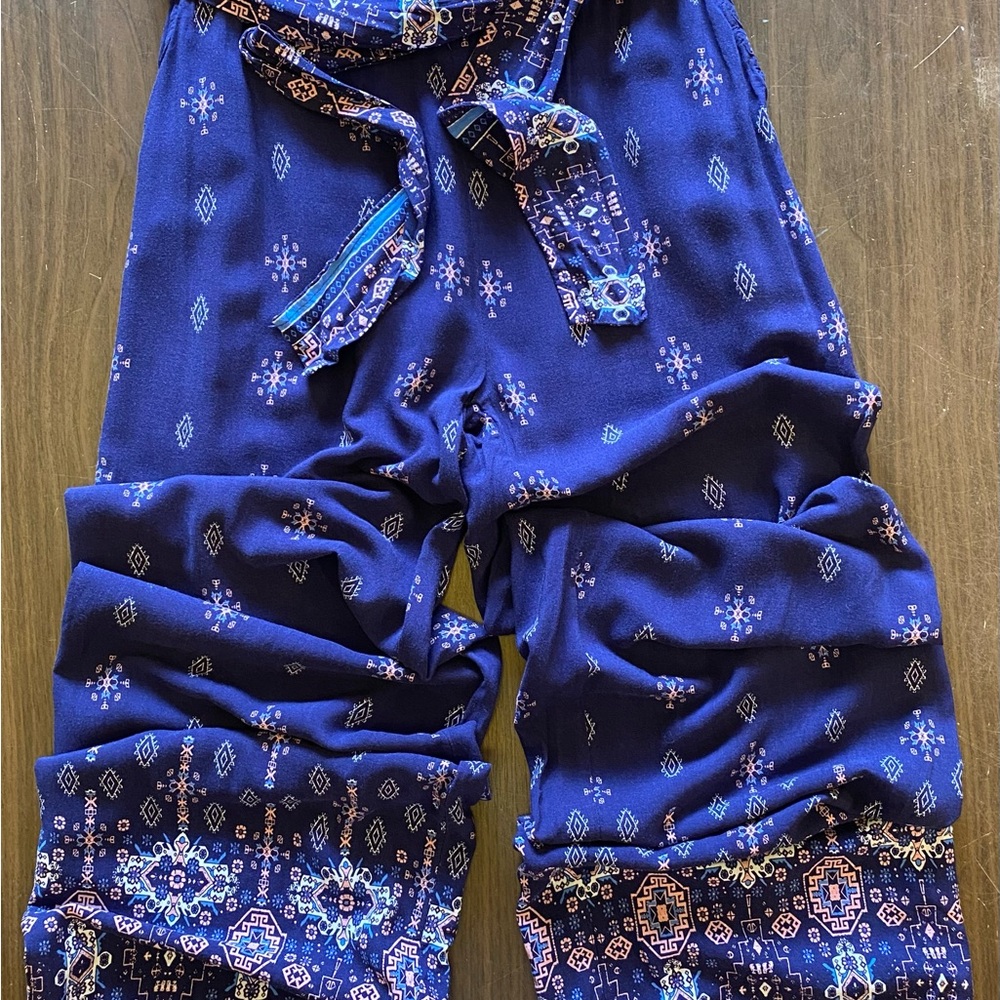 Shosho Blue and Pink Patterned Pants with tie waist